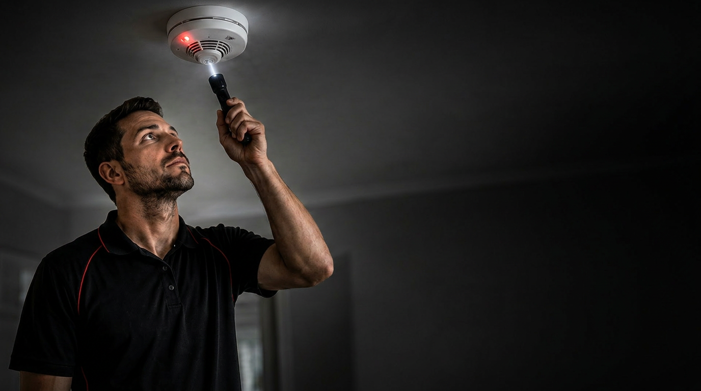 WSG Group technician inspecting a ceiling smoke alarm